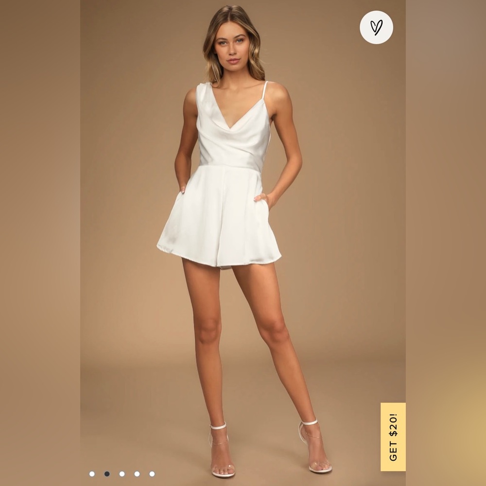 White Ivory Satin Asymmetrical Cowl Neck Romper